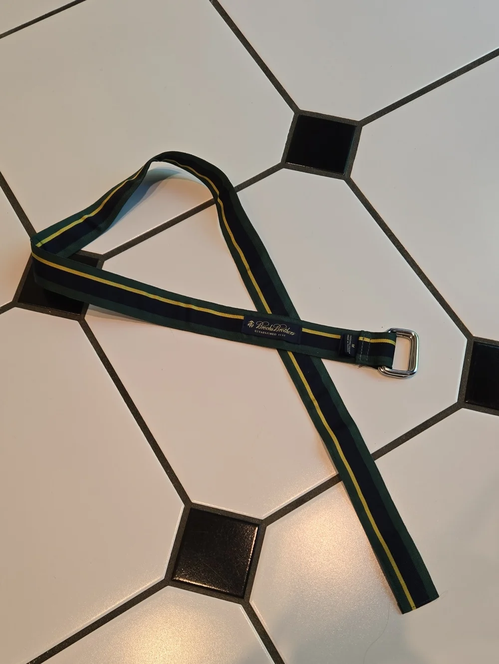 Brooks Brothers Navy Belt with Green and Yellow Stripes